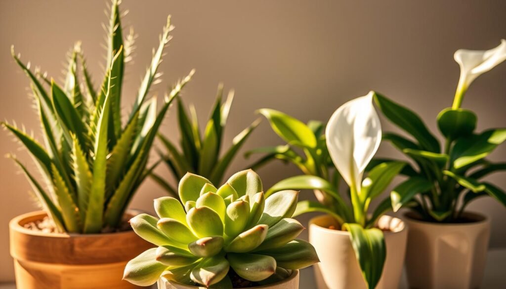A lush and vibrant scene of five resilient houseplants suitable for beginner gardeners. In the foreground, a thriving succulent with plump, rounded leaves takes center stage, bathed in soft, warm lighting. In the middle ground, a hardy snake plant stands tall, its long, spiky leaves casting dramatic shadows. To the side, a bushy ZZ plant with shiny, waxy foliage adds depth and texture. In the background, a resilient peace lily nods gracefully, its delicate white blooms complementing the rich, earthy tones. All plants are arranged in simple, minimalist ceramic pots, creating a serene, inviting composition that exudes a sense of low-maintenance, beginner-friendly vitality. A lush and vibrant scene of five resilient houseplants suitable for beginner gardeners. In the foreground, a thriving succulent with plump, rounded leaves takes center stage, bathed in soft, warm lighting. In the middle ground, a hardy snake plant stands tall, its long, spiky leaves casting dramatic shadows. To the side, a bushy ZZ plant with shiny, waxy foliage adds depth and texture. In the background, a resilient peace lily nods gracefully, its delicate white blooms complementing the rich, earthy tones. All plants are arranged in simple, minimalist ceramic pots, creating a serene, inviting composition that exudes a sense of low-maintenance, beginner-friendly vitality.