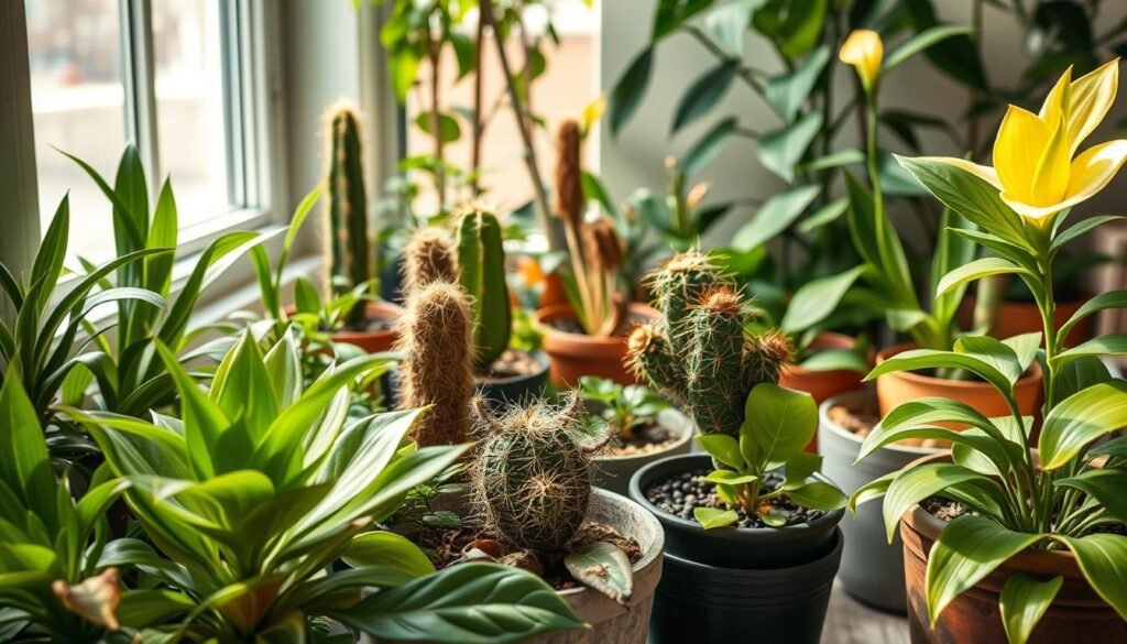 A lush garden filled with various potted plants, each showcasing a common mistake in plant care. In the foreground, an overwatered succulent with wilting leaves and a fungus-infected houseplant. In the middle ground, a neglected, dried-out cactus and a pot with poor drainage causing root rot. In the background, a leggy, etiolated plant reaching towards the window and a nutrient-deficient, yellowing peace lily. The scene is illuminated by soft, natural light filtering through the window, creating warm, earthy tones and gentle shadows that highlight the plant's distress. The overall mood conveys the challenges of caring for indoor plants, inviting the viewer to learn from these common errors. A lush garden filled with various potted plants, each showcasing a common mistake in plant care. In the foreground, an overwatered succulent with wilting leaves and a fungus-infected houseplant. In the middle ground, a neglected, dried-out cactus and a pot with poor drainage causing root rot. In the background, a leggy, etiolated plant reaching towards the window and a nutrient-deficient, yellowing peace lily. The scene is illuminated by soft, natural light filtering through the window, creating warm, earthy tones and gentle shadows that highlight the plant's distress. The overall mood conveys the challenges of caring for indoor plants, inviting the viewer to learn from these common errors.