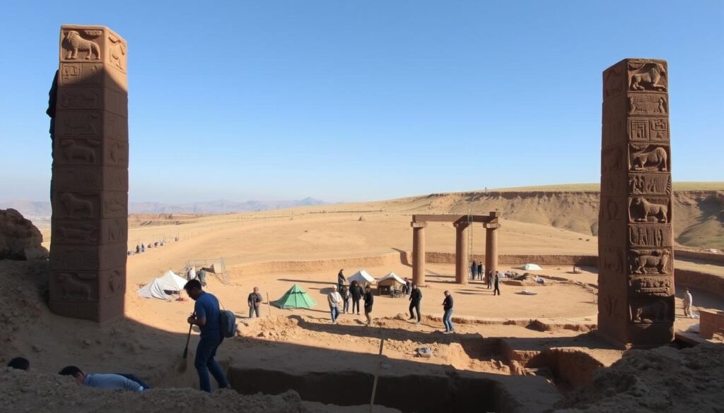 Arqueólogos escavando cuidadosamente as antigas ruínas de Göbekli Tepe, um imenso complexo do templo neolítico aninhado no topo de uma colina. Pilares enormes de pedra esculpida, adornados com relevos de animais intrincados, surgem da terra, lançando longas sombras no local da escavação. Em primeiro plano, uma equipe de pesquisadores meticulosamente afasta a sujeira, descobrindo remanescentes do passado de 11.000 anos do site. O meio do campo mostra o escopo completo da escavação, com mais pilares emergindo da terra, cercados por andaimes e tendas. No fundo, a paisagem anatólia acidentada se estende, sugerindo a escala incrível e o significado dessa descoberta arqueológica monumental.