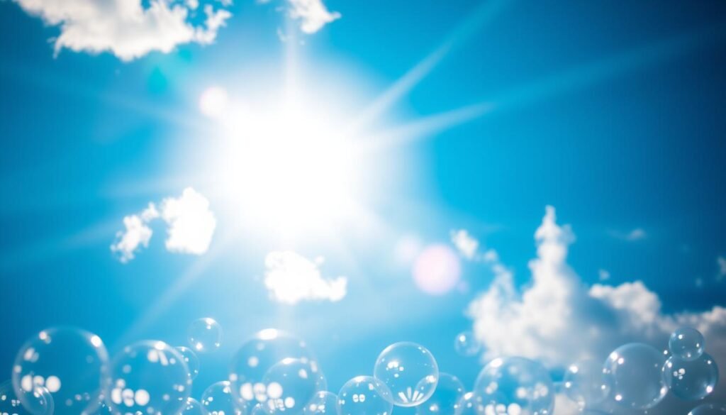 Dispersão de Rayleigh: uma dança delicada de luz e partículas. Um céu azul vibrante, iluminado pelos raios do sol se espalhando pela atmosfera da Terra. Nuvens finas flutuam preguiçosamente, enquanto os raios de sol se filmem, lançando um brilho quente e nebuloso. Em primeiro plano, uma série de esferas transparentes representa as moléculas de gás suspensas, cada uma refratando e espalhando a luz que entra, criando o brilhante tom azul que define nosso céu diurno. A cena é capturada com um foco suave e difuso, enfatizando a natureza etérea e quase sobrenatural desse fenômeno natural.