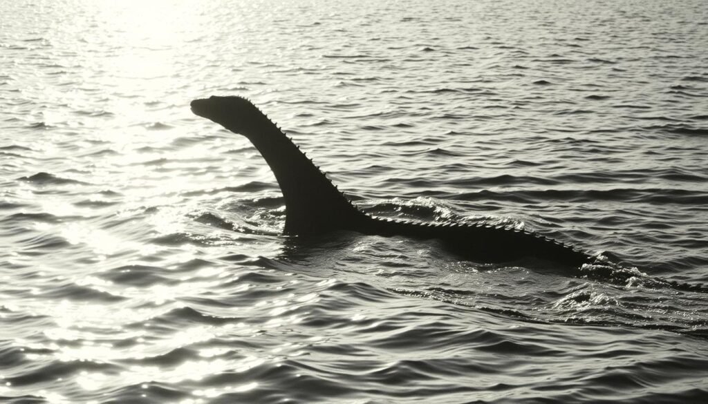 Foto granulada e preta e branca de uma criatura mítica emergindo das águas obscuras de Loch Ness. O "quot; Loch Ness Monster & amp; Quot; Encha a estrutura, seu longo pescoço serpentino e corcunda para trás visível acima da superfície. A luz do sol brilha nas ondas ondulantes, criando uma iluminação misteriosa e atmosférica. O ângulo da câmera é ligeiramente elevado, capturando a cena à distância, como se um instantâneo casual tirado por um observador desavisado. A foto tem uma estética vintage de estilo documentário, transmitindo um senso de importância histórica e engano.