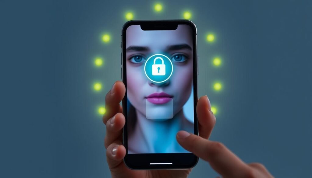 Gere uma imagem de um smartphone sendo desbloqueado por reconhecimento facial Gere uma imagem de um smartphone sendo desbloqueado por reconhecimento facial
