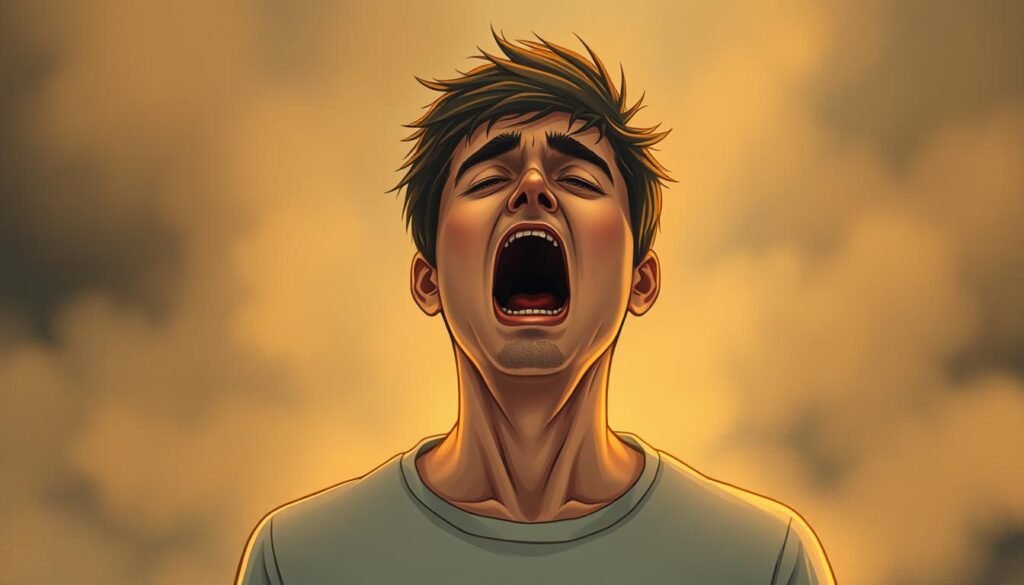 Ilustração detalhada de uma pessoa bocejando repetidamente, capturando a frequência e a natureza contagiosa do bocejamento. Figura centrada com expressão cansada e caída, ágape da boca, cercada por um fundo nebuloso e atmosférico que sugere uma sensação de fadiga e inquietação. A iluminação suave e quente ilumina o assunto, criando um humor contemplativo e introspectivo. Pistas visuais sutis, como olhos aquosos ou uma sobrancelha franzida, transmitem os aspectos fisiológicos e psicológicos do fenômeno bocejando. A composição deve encontrar um equilíbrio entre realismo e interpretação artística, convidando o espectador a refletir sobre as razões e mecanismos subjacentes por trás desse comportamento humano universal. Ilustração detalhada de uma pessoa bocejando repetidamente, capturando a frequência e a natureza contagiosa do bocejamento. Figura centrada com expressão cansada e caída, ágape da boca, cercada por um fundo nebuloso e atmosférico que sugere uma sensação de fadiga e inquietação. A iluminação suave e quente ilumina o assunto, criando um humor contemplativo e introspectivo. Pistas visuais sutis, como olhos aquosos ou uma sobrancelha franzida, transmitem os aspectos fisiológicos e psicológicos do fenômeno bocejando. A composição deve encontrar um equilíbrio entre realismo e interpretação artística, convidando o espectador a refletir sobre as razões e mecanismos subjacentes por trás desse comportamento humano universal.