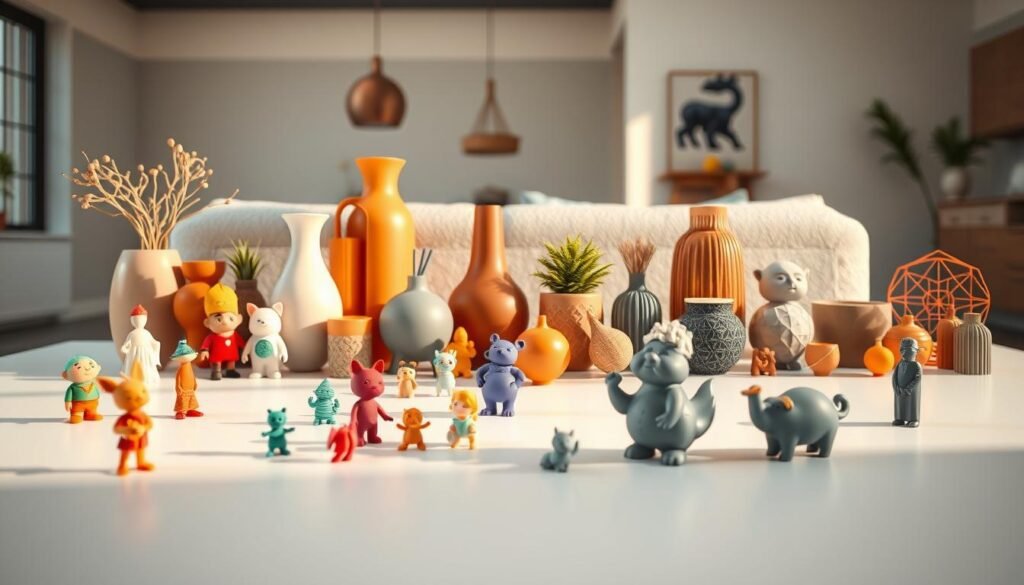 Imagem detalhada e hiper-realista de uma variedade de objetos impressos em 3D personalizados para a casa, exibidos em uma superfície branca minimalista com iluminação natural quente. Em primeiro plano, uma variedade de figuras extravagantes, intricadamente detalhadas e em cores vibrantes. No meio termo, itens domésticos práticos, como vasos, plantadores e organizadores, cada um com um design único e personalizado. No fundo, uma sugestão de uma configuração interior moderna e elegante, com linhas limpas e texturas sutis. A cena geral transmite um senso de criatividade, inovação e a integração perfeita de objetos impressos em 3D no ambiente doméstico. Imagem detalhada e hiper-realista de uma variedade de objetos impressos em 3D personalizados para a casa, exibidos em uma superfície branca minimalista com iluminação natural quente. Em primeiro plano, uma variedade de figuras extravagantes, intricadamente detalhadas e em cores vibrantes. No meio termo, itens domésticos práticos, como vasos, plantadores e organizadores, cada um com um design único e personalizado. No fundo, uma sugestão de uma configuração interior moderna e elegante, com linhas limpas e texturas sutis. A cena geral transmite um senso de criatividade, inovação e a integração perfeita de objetos impressos em 3D no ambiente doméstico.