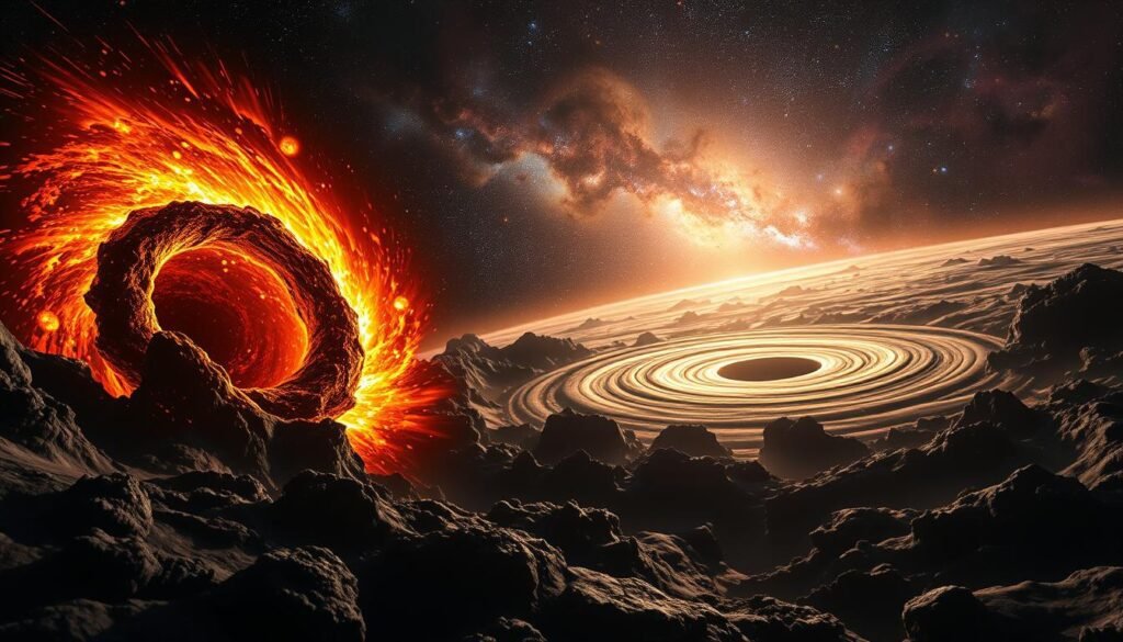 Paisagem cósmica dramática representando a formação de buracos negros. Em primeiro plano, estrelas maciças entram em colapso sob sua própria gravidade, distorcendo o espaço -tempo e emitindo radiação intensa. No meio termo, os discos de acréscimo em turbilhão se alimentam das singularidades crescentes. No fundo distante, uma tapeçaria de nebulosas e galáxias fornece um cenário celestial impressionante. A iluminação intensa de chiaroscuro lança sombras dramáticas, destacando a escala e o poder desses eventos cósmicos. A renderização realista com uma lente cinematográfica de grande angular captura a grandeza e a natureza inspiradora da formação de buracos negros.