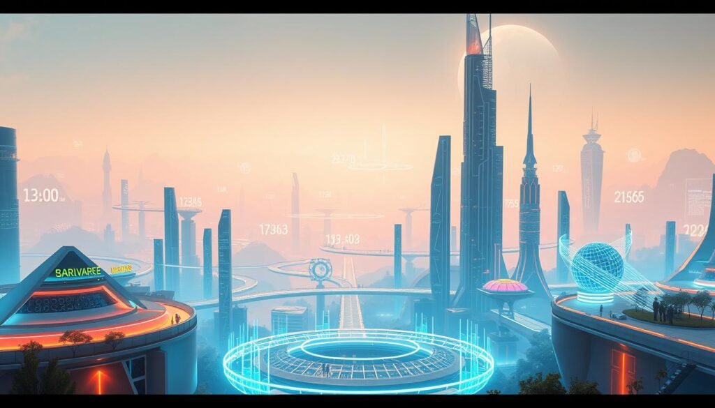 Paisagens da plataforma Metaverse, com estruturas futuristas e displays holográficos. Um ambiente vibrante e tecnologicamente avançado, com arquitetura elegante e minimalista em primeiro plano. Compatórios digitais imponentes e passarelas interconectadas no meio termo, banhadas em uma iluminação quente e ambiente. No fundo, um horizonte nebuloso e sonhador, com ilhas flutuantes e visualizações de dados etéreas. A cena transmite um senso de inovação, conectividade e o potencial ilimitado do metaverso. Paisagens da plataforma Metaverse, com estruturas futuristas e displays holográficos. Um ambiente vibrante e tecnologicamente avançado, com arquitetura elegante e minimalista em primeiro plano. Compatórios digitais imponentes e passarelas interconectadas no meio termo, banhadas em uma iluminação quente e ambiente. No fundo, um horizonte nebuloso e sonhador, com ilhas flutuantes e visualizações de dados etéreas. A cena transmite um senso de inovação, conectividade e o potencial ilimitado do metaverso.