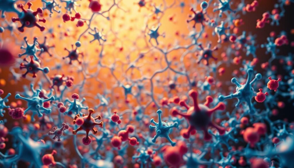 Rede complexa de anticorpos e células imunes, uma visualização vívida do sistema de defesa do corpo. Em primeiro plano, anticorpos vibrantes em várias formas e cores, suas formas quase dançando enquanto se ligam e neutralizam ameaças. No meio termo, um labirinto de células e vias interconectadas, transmitindo a natureza complexa e sincronizada da resposta imune. O fundo toma banho em um brilho quente e dourado, sugerindo o papel vital e de sustentação da vida desse exército invisível. Capturado com uma perspectiva cinematográfica, quase macro lente, a imagem convida o espectador a se maravilhar com o incrível poder e sofisticação do sistema imunológico humano.