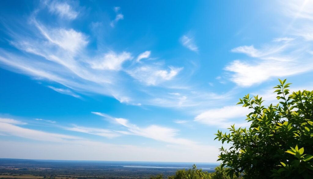Um amplo céu azul em um dia brilhante e ensolarado. Nuvens de cirros finas flutuam preguiçosamente acima de uma vasta e tranquila paisagem. Os raios quentes do sol lançaram um brilho macio e dourado, iluminando a cena com um brilho sereno e natural. Em primeiro plano, a folhagem verde luxuriante balança suavemente em uma brisa leve, criando uma sensação de profundidade e textura. A atmosfera geral é de tranquilidade pacífica, mostrando o tono azul vibrante e cativante que define o céu diurno.