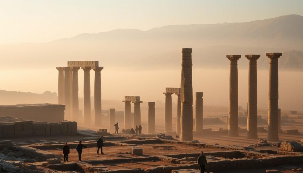 Um amplo complexo do templo de pedra antigo emerge da névoa, seus enormes pilares esculpidos e esculturas intrincadas de alívio sugerindo o profundo significado de Göbekli Tepe para o amanhecer da civilização humana. Em primeiro plano, um pequeno grupo de arqueólogos escavar meticulosamente o local, suas silhuetas diminuíram pelos imponentes monólitos. O meio termo está envolto em uma luz macia e dourada, lançando longas sombras e enfatizando a grande escala da arquitetura. No fundo distante, uma paisagem acidentada e montanhosa se estende, ressaltando a localização remota e isolada desse notável tesouro arqueológico. Um ar de reverência e mistério permeia a cena, sugerindo a imensa importância histórica e cultural de Göbekli Tepe à história da humanidade.