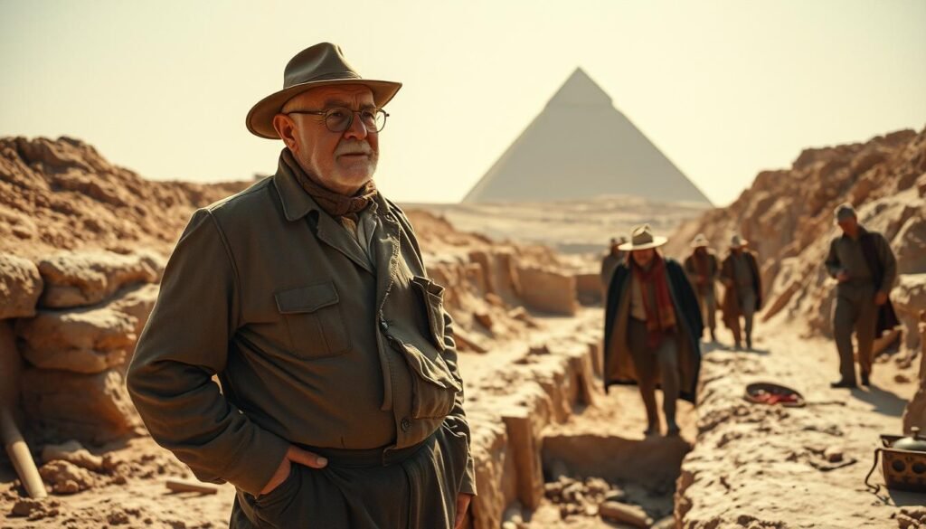 Um arqueólogo desgastado, fica em meio ao local de escavação empoeirado da tumba de Tutankhamun, no vale dos reis. A luz solar filtra a paisagem stark e árida, lançando longas sombras enquanto Carter e sua equipe descobrem cuidadosamente artefatos antigos, seus rostos gravados com determinação e admiração. No fundo, o perfil icônico da Grande Pirâmide de Gizé, um lembrete atemporal da grandeza do passado do Egito. A cena transmite o senso de descoberta e a profunda conexão com a rica história que a expedição de Carter revelaria, abrindo uma janela para os mistérios do mundo antigo.