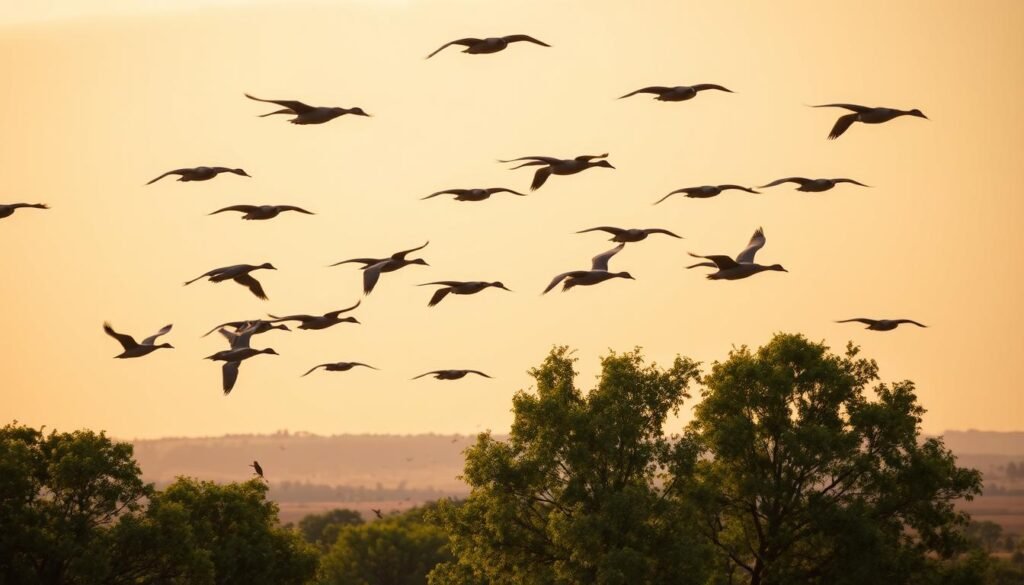 Um bando de aves migratórias voando graciosamente contra um céu quente e dourado. Em primeiro plano, as formas elegantes e simplificadas de gansos ou guindastes deslizam sem esforço, suas asas estendidas em uma formação V coordenada. O meio -termo apresenta pássaros cantores menores que voam entre árvores exuberantes e verdejantes, suas penas pegando a luz macia e difusa. À distância, um horizonte de colinas ou uma vasta extensão de planícies abertas define a cena, sugerindo as vastas viagens migratórias que essas criaturas aladas se reúnem. A atmosfera geral é de tranquilidade, liberdade e ritmo cíclico da natureza, transmitindo o contexto da guerra da emu - um conflito entre os empreendimentos humanos e a resiliência das espécies aviárias migratórias.