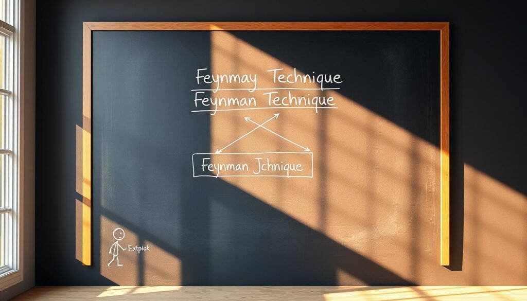 Um cenário simples e elegante do quadro -negro, iluminado por uma luz natural quente, fluindo através de uma janela. No quadro, um diagrama desenhado à mão explica a técnica de Feynman em etapas concisas e fáceis de entender. A ilustração apresenta uma figura de pau ensinando o método, com setas e anotações orientando o espectador através do processo de aprendizado. A cena geral transmite um sentimento de aprendizado focado, com o quadro -negro servindo como um ponto focal para entender e dominar conceitos complexos. O humor é calmo, convidativo e propício para um estudo eficaz.