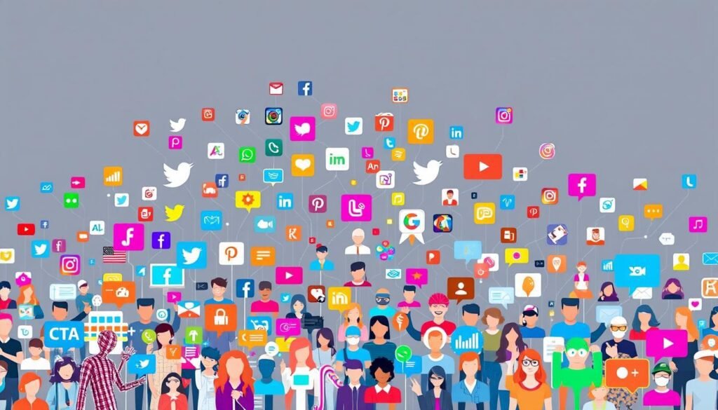 Um cenário vibrante de mídia social, com foco central em diversas plataformas digitais representadas por vários ícones e símbolos coloridos. O primeiro plano apresenta uma matriz dinâmica de nós interconectados, ilustrando a complexa rede de interações on -line e o fluxo de informações. O meio termo mostra uma gama diversificada de avatares, gestos e pistas visuais de usuários, capturando o elemento humano dentro do domínio digital. O pano de fundo é um gradiente sutil e suave, permitindo que os elementos vívidos e orientados pela tecnologia ocupem o centro do palco. A composição geral transmite um sentimento de interconectividade, insights orientados a dados e a influência generalizada das mídias sociais em nossas vidas diárias. Um cenário vibrante de mídia social, com foco central em diversas plataformas digitais representadas por vários ícones e símbolos coloridos. O primeiro plano apresenta uma matriz dinâmica de nós interconectados, ilustrando a complexa rede de interações on -line e o fluxo de informações. O meio termo mostra uma gama diversificada de avatares, gestos e pistas visuais de usuários, capturando o elemento humano dentro do domínio digital. O pano de fundo é um gradiente sutil e suave, permitindo que os elementos vívidos e orientados pela tecnologia ocupem o centro do palco. A composição geral transmite um sentimento de interconectividade, insights orientados a dados e a influência generalizada das mídias sociais em nossas vidas diárias.