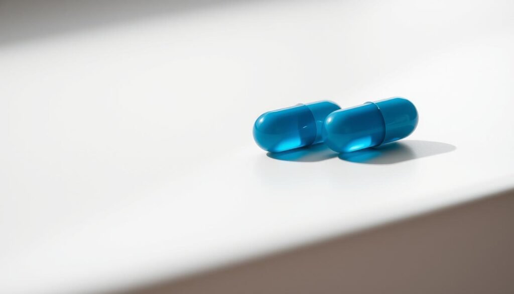 Um close bem emoldurado de dois comprimidos azuis apoiados em uma superfície branca lisa. Os comprimidos têm uma qualidade levemente brilhante e translúcida, lançando sombras sutis que acentuam sua forma tridimensional. O fundo é borrado, criando uma atmosfera suave e sonhadora que chama a atenção do espectador para os objetos centrais. A iluminação natural difusa lança um brilho suave e quente em cena, transmitindo uma sensação de simplicidade e pureza. A composição geral é equilibrada e minimalista, convidando o espectador a refletir sobre o poder curioso do efeito placebo.