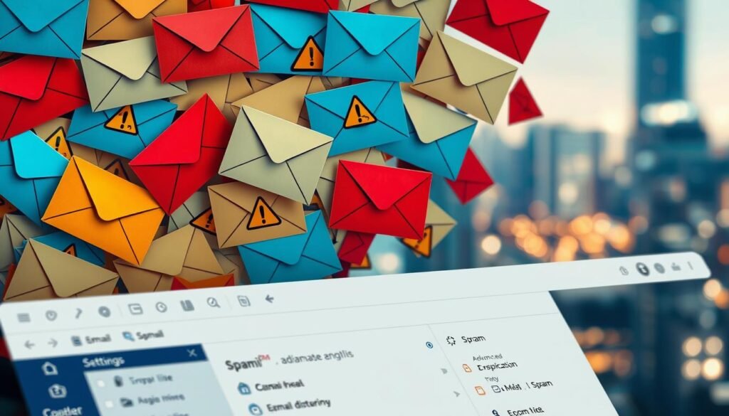 Um cluster intrincado de envelopes de e -mail coloridos com vários símbolos de spam e sinais de alerta, lançados em uma iluminação suave e quente que destaca suas texturas digitais. Em primeiro plano, uma interface elegante e moderna da caixa de entrada com ferramentas e configurações de filtragem avançadas, enquanto o fundo apresenta um cenário de paisagem urbana borrada, sugerindo a onipresença da comunicação digital em nossas vidas cotidianas. Um cluster intrincado de envelopes de e -mail coloridos com vários símbolos de spam e sinais de alerta, lançados em uma iluminação suave e quente que destaca suas texturas digitais. Em primeiro plano, uma interface elegante e moderna da caixa de entrada com ferramentas e configurações de filtragem avançadas, enquanto o fundo apresenta um cenário de paisagem urbana borrada, sugerindo a onipresença da comunicação digital em nossas vidas cotidianas.