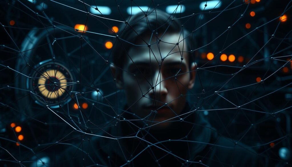 Um diagrama de rede neural detalhado com conceitos de aprendizado profundo. O primeiro plano mostra uma rede complexa de nós e camadas interconectadas, transmitindo a natureza intrincada das redes neurais. O meio termo possui uma face humana estilizada, parcialmente obscurecida, representando o uso de fagos de Deepfakes para manipular a mídia. O pano de fundo tem uma atmosfera futurista e de alta tecnologia, com elementos brilhantes sutis, sugerindo a tecnologia avançada que alimenta essas técnicas. A iluminação dramática lança sombras dramáticas, criando uma sensação de profundidade e mistério. A composição geral deve evocar um senso da sofisticação técnica e do potencial de uso indevido dessas tecnologias emergentes. Um diagrama de rede neural detalhado com conceitos de aprendizado profundo. O primeiro plano mostra uma rede complexa de nós e camadas interconectadas, transmitindo a natureza intrincada das redes neurais. O meio termo possui uma face humana estilizada, parcialmente obscurecida, representando o uso de fagos de Deepfakes para manipular a mídia. O pano de fundo tem uma atmosfera futurista e de alta tecnologia, com elementos brilhantes sutis, sugerindo a tecnologia avançada que alimenta essas técnicas. A iluminação dramática lança sombras dramáticas, criando uma sensação de profundidade e mistério. A composição geral deve evocar um senso da sofisticação técnica e do potencial de uso indevido dessas tecnologias emergentes.