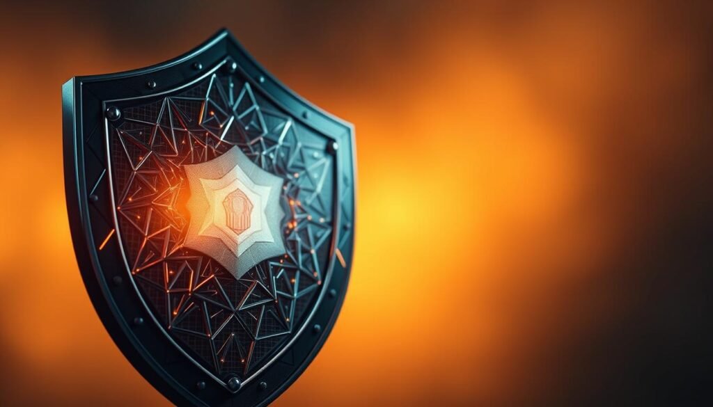 Um escudo digital composto por complexos padrões geométricos, cintilando com um brilho metálico, fica de guarda contra a presença ameaçadora de uma ameaça falsa profunda. O escudo é iluminado por uma luz quente e difusa, lançando um brilho protetor na cena. Em primeiro plano, o escudo é renderizado com detalhes precisos e de alta resolução, enquanto o fundo desaparece em um bokeh suave e borrado, enfatizando o papel do escudo como uma salvaguarda contra os perigos invisíveis do conteúdo digital manipulado. O humor geral é de sofisticação e vigilância técnica, destacando a importância de permanecer seguro diante da evolução da tecnologia Deepfake. Um escudo digital composto por complexos padrões geométricos, cintilando com um brilho metálico, fica de guarda contra a presença ameaçadora de uma ameaça falsa profunda. O escudo é iluminado por uma luz quente e difusa, lançando um brilho protetor na cena. Em primeiro plano, o escudo é renderizado com detalhes precisos e de alta resolução, enquanto o fundo desaparece em um bokeh suave e borrado, enfatizando o papel do escudo como uma salvaguarda contra os perigos invisíveis do conteúdo digital manipulado. O humor geral é de sofisticação e vigilância técnica, destacando a importância de permanecer seguro diante da evolução da tecnologia Deepfake.