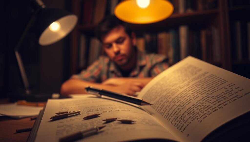 Um espaço de estudo pouco iluminado, o brilho fraco de uma lâmpada de mesa lançando uma atmosfera quente e contemplativa. Em primeiro plano, um caderno aberto com notas dispersas escritos à mão, uma caneta preparada no meio da frase, transmitindo o processo ativo de lembrança. O meio termo apresenta uma pessoa com pensamento profundo, sua testa franzida em concentração, lembrando informações sem referência a fontes externas. O pano de fundo é uma estante de livros suave, sugerindo a riqueza de conhecimento disponível, mas o foco permanece na jornada interna da lembrança ativa. A cena evoca um sentimento de determinação focada, a mente se envolveu ativamente no processo de aprendizado e retenção de informações.