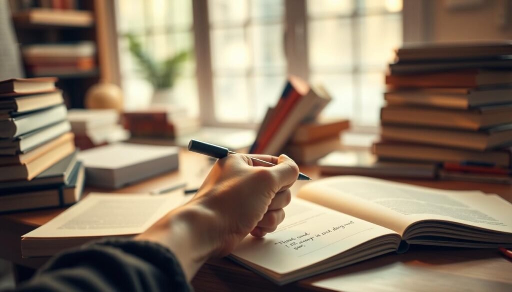 Um espaço de estudo sereno e pouco iluminado, com pilhas de livros e notas dispersas em uma mesa de madeira. Em primeiro plano, uma mão escreve repetidamente a mesma frase em uma folha de papel, simbolizando o conceito de repetição espaçada. A iluminação suave e quente lança um humor contemplativo, como se estivesse capturando um momento de estudo focado. O fundo desaparece em um ambiente embaçado e aconchegante, chamando a atenção do espectador para o ato central do aprendizado repetitivo. A cena evoca um senso de prática consciente e deliberada - uma representação visual da técnica "repetição da Espaçanda" para retenção de conhecimento eficiente.