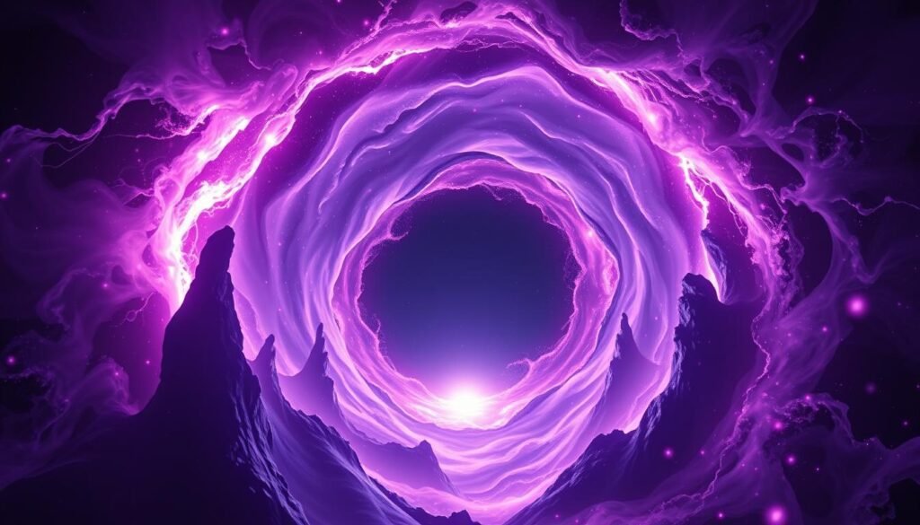 Um evento dramático e imersivo do buraco negro, iluminado pela intensa luz e energia da singularidade com enredo de gravidade. O plasma em turbilhão e o espaço -tempo distorcido criam uma vista hipnotizante e sobrenatural, com pilares imponentes de gás ionizado e discos de acréscimo brilhante, enquadrando o centro inevitável e infinitamente denso. A cena é banhada em um tom violeta profundo e ameaçador, transmitindo o poder e o mistério esmagador desse fenômeno cósmico. As galáxias distantes são visíveis através do espaço deformado e lente, acrescentando uma sensação de vasta escala cósmica. A composição geral deve evocar um profundo sentimento de reverência e curiosidade sobre a física extrema em jogo no horizonte de eventos de um buraco negro.