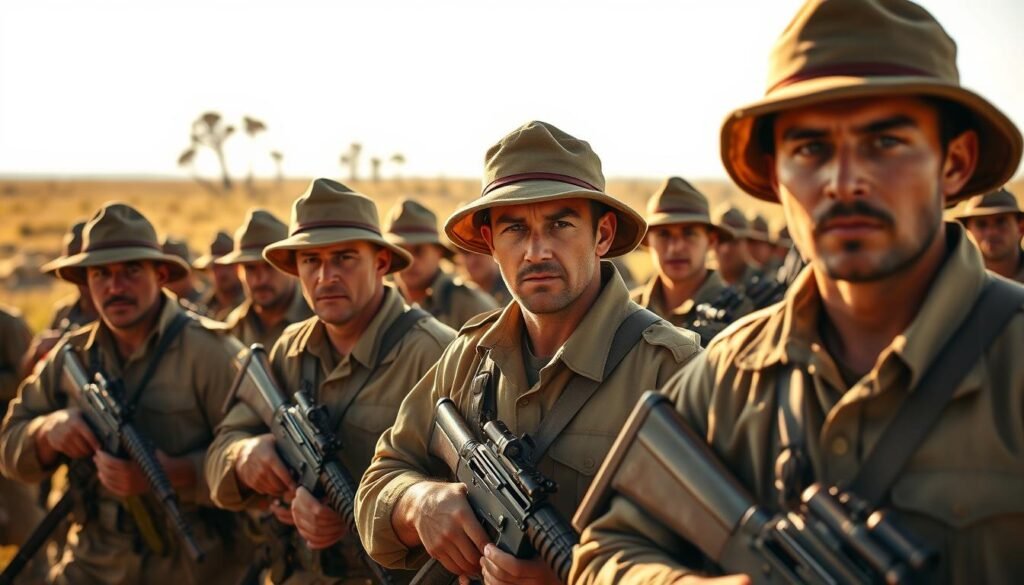 Um grupo de soldados australianos acidentados, vestidos com uniformes cáqui e chapéus desleixados, está pronto para a batalha. Suas expressões são severas, seus olhos se estreitaram com determinação. Em primeiro plano, os soldados seguram seus rifles firmemente, sua posição estável e disciplinada. No meio termo, os soldados se movem com um senso de propósito, seus movimentos coordenaram e eficientes. No fundo, uma vasta paisagem ensolarada se estende, o horizonte pontilhado com as silhuetas das gengivas. A cena é banhada em luz quente e dourada, capturando o espírito do Outback australiano e a natureza resoluta de seus defensores.