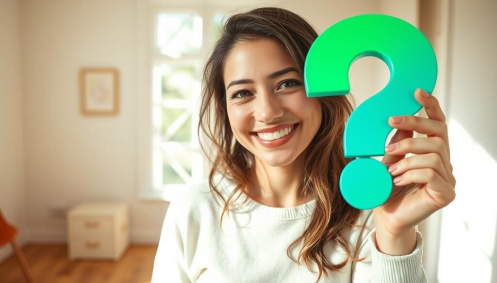 Um interior aconchegante e iluminado pelo sol, com uma mulher alegre segurando um ponto de interrogação vibrante e colorido, transmitindo uma sensação de alegria e curiosidade. O rosto da mulher é quente e expressivo, convidando o espectador a refletir sobre a questão. O fundo apresenta paredes macias e tons pastel e um piso de madeira, criando uma atmosfera reconfortante e convidativa. A iluminação é natural e difusa, lançando um brilho suave em cena. A composição geral enfatiza o ponto de interrogação central, chamando a atenção do espectador para a idéia de encontrar felicidade e realização através da introspecção.