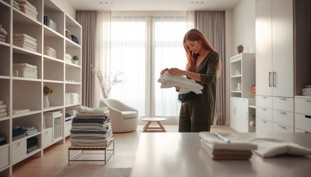 Um interior imaculado e minimalista, a essência do método Konmari. Em primeiro plano, uma pessoa está dobrando e organizando cuidadosamente uma pilha de roupas bem organizadas, cercadas por prateleiras arrumadas e decoração esparsa. O meio do solo revela superfícies limpas e móveis esparsos, com uma sensação de tranquilidade pacífica. O fundo apresenta iluminação natural e macia de grandes janelas, lançando um brilho quente e sereno. A atmosfera geral transmite um profundo senso de clareza, simplicidade e a libertação que vem da vida organizada. Uma masterclass na arte da transformação doméstica inspirada em Konmari.