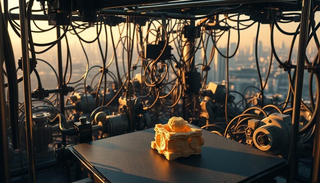 Um labirinto complexo e tridimensional de tubos, engrenagens e circuitos interconectados, representando os intrincados desafios e limitações da tecnologia de impressão 3D. A cena é banhada em uma luz âmbar quente, lançando longas sombras e criando uma sensação de profundidade e mistério. Em primeiro plano, um objeto parcialmente formado fica em uma plataforma de impressão, suas superfícies ásperas e inacabadas, sugerindo as imperfeições e restrições do estado atual da tecnologia. O meio termo é preenchido com um emaranhado de peças mecânicas, cada uma de um quebra -cabeça a ser resolvido, enquanto o fundo desaparece em uma paisagem urbana nebulosa e futurista, sugerindo o potencial de crescimento e avanço. Um labirinto complexo e tridimensional de tubos, engrenagens e circuitos interconectados, representando os intrincados desafios e limitações da tecnologia de impressão 3D. A cena é banhada em uma luz âmbar quente, lançando longas sombras e criando uma sensação de profundidade e mistério. Em primeiro plano, um objeto parcialmente formado fica em uma plataforma de impressão, suas superfícies ásperas e inacabadas, sugerindo as imperfeições e restrições do estado atual da tecnologia. O meio termo é preenchido com um emaranhado de peças mecânicas, cada uma de um quebra -cabeça a ser resolvido, enquanto o fundo desaparece em uma paisagem urbana nebulosa e futurista, sugerindo o potencial de crescimento e avanço.