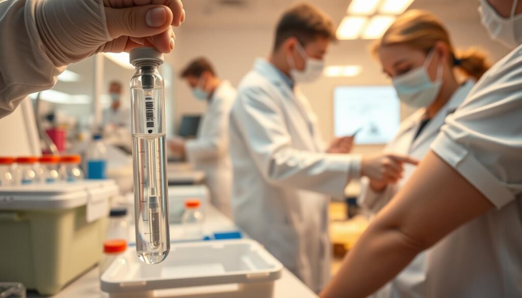 Um laboratório bem iluminado com uma equipe de cientistas em casacos brancos trabalhando diligentemente em frascos e seringas. Em primeiro plano, um close de uma seringa sendo cuidadosamente preenchida com uma vacina líquida clara. O meio termo mostra a vacina sendo transportada em um refrigerador, enquanto o fundo revela o processo de administração da vacina ao braço de um paciente, com uma enfermeira pressionando suavemente o êmbolo. A iluminação suave e quente cria uma sensação de precisão e cuidado ao longo da cena.