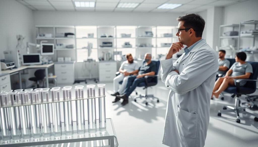 Um laboratório de pesquisa clínica cenário, brilhante e estéril. Em primeiro plano, um cientista de um casaco de laboratório branco examina uma fileira de tubos de teste cheios de líquidos claros, uma mão levantada na contemplação. Atrás deles, um grupo de sujeitos de teste humano fica em cadeiras confortáveis, seus rostos obscurecidos, passando por vários procedimentos médicos. Em segundo plano, prateleiras de equipamentos médicos e dispositivos de diagnóstico lançam longas sombras no chão de azulejos, criando uma sensação de foco silencioso e exploração científica. A iluminação suave e até ilumina a cena, criando um humor de desapego clínico e investigação empírica.