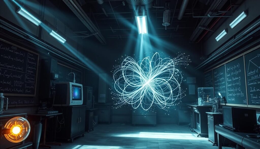 Um laboratório pouco iluminado, cheio de equipamentos científicos complexos e exibições quânticas brilhantes. No centro, duas partículas emaranhadas dançam em uma exibição fascinante da mecânica quântica, seus caminhos entrelaçados e inseparáveis. As paredes são revestidas com quadros cobertos de equações, sugerindo as profundas teorias que governam esse fenômeno. Feixes de luz cruzam o espaço, iluminando o aparelho intrincado. Uma atmosfera de descoberta e maravilha permeia a cena, capturando a essência do inovador experimento de "emaranhamento quântico".