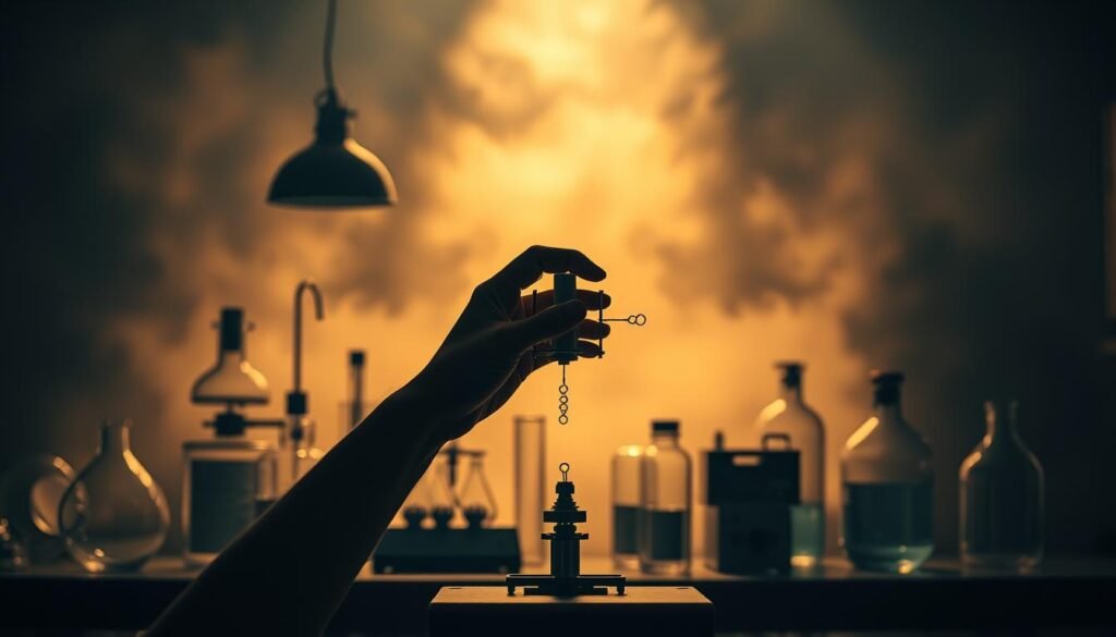 Um laboratório pouco iluminado, com uma variedade de instrumentos científicos e copos na bancada. Em primeiro plano, um par de mãos manipula cuidadosamente um aparelho delicado, representando o princípio da incerteza na mecânica quântica. O fundo é nebuloso, com formas e sombras borradas, evocando a natureza ilusória e probabilística dos fenômenos subatômicos. A iluminação macia e quente lança sombras dramáticas, criando uma sensação de profundidade e intriga. A composição geral transmite a natureza complexa e enigmática do princípio da incerteza, conforme explorado no domínio da física quântica.