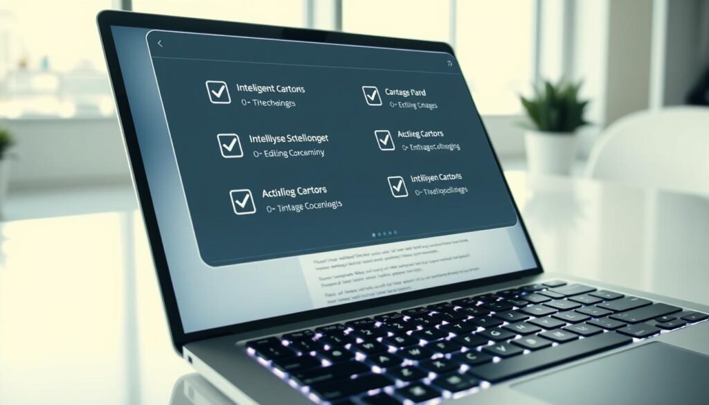 Um laptop moderno e elegante com um teclado brilhante em um ambiente minimalista e bem iluminado. Passando acima do teclado, uma interface semi-transparente e movida a IA exibe correções e sugestões inteligentes, com um design visual limpo e intuitivo. A tela do laptop mostra um documento sendo editado, destacando a integração perfeita dessa ferramenta de verificação ortográfica inteligente no fluxo de trabalho do usuário. A atmosfera geral transmite eficiência, produtividade e o uso sem esforço da tecnologia avançada de IA nas tarefas cotidianas. Um laptop moderno e elegante com um teclado brilhante em um ambiente minimalista e bem iluminado. Passando acima do teclado, uma interface semi-transparente e movida a IA exibe correções e sugestões inteligentes, com um design visual limpo e intuitivo. A tela do laptop mostra um documento sendo editado, destacando a integração perfeita dessa ferramenta de verificação ortográfica inteligente no fluxo de trabalho do usuário. A atmosfera geral transmite eficiência, produtividade e o uso sem esforço da tecnologia avançada de IA nas tarefas cotidianas.