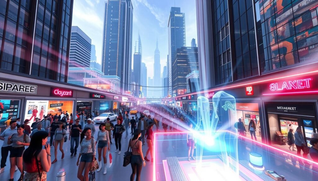 Um movimentado mercado virtual, onde os avatares navegam e trocam em meio aos arranha -céus brilhantes do metaverso. Em primeiro plano, uma exibição holográfica mostra as mais recentes acessórios e acessórios digitais, atraindo compradores a fazer compras virtuais. Feixes de dança da luz neon em toda a cena, lançando um brilho futurista sobre a multidão dinâmica de avatares, cada um com seu próprio estilo e propósito. O meio termo revela uma variedade diversificada de fachadas de lojas virtuais, suas janelas mostrando uma ampla gama de bens e serviços digitais. No fundo, o horizonte do metaverso se estende, uma metrópole de possibilidades sem fim, onde os limites entre os mundos físicos e digitais convergiram perfeitamente. Um movimentado mercado virtual, onde os avatares navegam e trocam em meio aos arranha -céus brilhantes do metaverso. Em primeiro plano, uma exibição holográfica mostra as mais recentes acessórios e acessórios digitais, atraindo compradores a fazer compras virtuais. Feixes de dança da luz neon em toda a cena, lançando um brilho futurista sobre a multidão dinâmica de avatares, cada um com seu próprio estilo e propósito. O meio termo revela uma variedade diversificada de fachadas de lojas virtuais, suas janelas mostrando uma ampla gama de bens e serviços digitais. No fundo, o horizonte do metaverso se estende, uma metrópole de possibilidades sem fim, onde os limites entre os mundos físicos e digitais convergiram perfeitamente.
