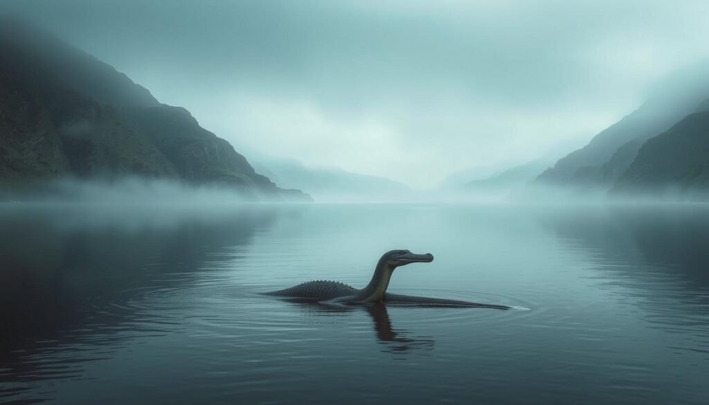 Um vasto lago sereno, cercado por colinas acidentadas e de névoa. No centro, uma enorme criatura serpentina emerge das águas paradas - um ser do tipo Plesiossaur, seu pescoço longo e batidas poderosas cortando a superfície. Os olhos da criatura estão cheios de uma inteligência primordial, pois examina seu domínio aquoso. A cena é banhada em uma luz fresca e difusa, criando uma sensação de atemporalidade e o irreal. O espectador é deixado para refletir sobre a impossibilidade de tal criatura existente no mundo moderno, sua presença um eco tentador de uma época passada.