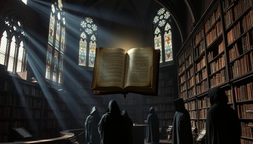 Uma biblioteca medieval mal iluminada, com tomos antigos alinhando as prateleiras. No centro, um manuscrito desgastado e desgastado levita, cercado por um brilho etéreo fraco. Figuras sombrias em vestes com capuz estão em reverência, estudando as páginas com intensa concentração. Os raios de luar filtram através de vitrais, lançando um ambiente sobrenatural. O ar é espesso com o aroma de mofo do pergaminho e os sussurros de segredos de séculos de idade. Um sentimento de mistério e intriga permeia a cena, sugerindo as origens incalculáveis do manuscrito de Voynich. Uma biblioteca medieval mal iluminada, com tomos antigos alinhando as prateleiras. No centro, um manuscrito desgastado e desgastado levita, cercado por um brilho etéreo fraco. Figuras sombrias em vestes com capuz estão em reverência, estudando as páginas com intensa concentração. Os raios de luar filtram através de vitrais, lançando um ambiente sobrenatural. O ar é espesso com o aroma de mofo do pergaminho e os sussurros de segredos de séculos de idade. Um sentimento de mistério e intriga permeia a cena, sugerindo as origens incalculáveis do manuscrito de Voynich.