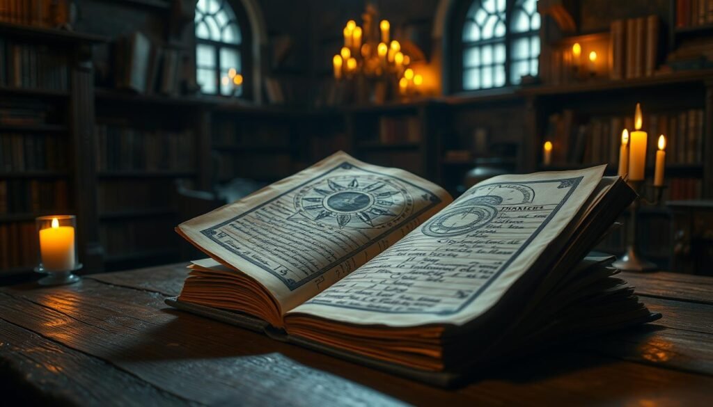 Uma biblioteca medieval pouco iluminada, iluminada pelo brilho suave da luz de velas. Em uma mesa de carvalho gasta, um tomo antigo está aberto, suas páginas revelando diagramas e símbolos misteriosos e complexos. O manuscrito de Voynich, um enigma de séculos, acena para ser desvendado. Os ângulos da câmera de lado, capturando o conteúdo enigmático do manuscrito em detalhes vívidos - ilustrações botânicas enigmáticas, mapas astrológicos estranhos e roteiro desconhecido que confunde estudiosos por gerações. A atmosfera é de intriga e fascínio acadêmico, convidando o espectador a refletir sobre os segredos escondidos nesse documento enigmático. Uma biblioteca medieval pouco iluminada, iluminada pelo brilho suave da luz de velas. Em uma mesa de carvalho gasta, um tomo antigo está aberto, suas páginas revelando diagramas e símbolos misteriosos e complexos. O manuscrito de Voynich, um enigma de séculos, acena para ser desvendado. Os ângulos da câmera de lado, capturando o conteúdo enigmático do manuscrito em detalhes vívidos - ilustrações botânicas enigmáticas, mapas astrológicos estranhos e roteiro desconhecido que confunde estudiosos por gerações. A atmosfera é de intriga e fascínio acadêmico, convidando o espectador a refletir sobre os segredos escondidos nesse documento enigmático.