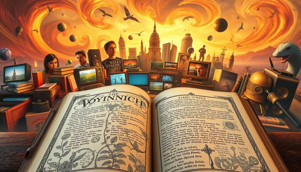 Uma cena cativante do enigmático manuscrito de Voynich imerso na cultura popular. Em primeiro plano, um livro aberto com suas páginas misteriosas cheias de ilustrações botânicas intrincadas e roteiro indecifrável, lançando um ar de mística. No meio termo, uma variedade diversificada de ícones de mídia modernos - livros, filmes, programas de TV e arte digital - todos atraídos pelo fascínio do manuscrito. O pano de fundo apresenta uma paisagem vibrante e onírica, com elementos de outro mundo, sugerindo as origens sobrenaturais do manuscrito. A iluminação suave e quente ilumina a cena, criando uma sensação de admiração e intriga. A atmosfera geral evoca o fascínio persistente que o manuscrito de Voynich mantém sobre a imaginação do público. Uma cena cativante do enigmático manuscrito de Voynich imerso na cultura popular. Em primeiro plano, um livro aberto com suas páginas misteriosas cheias de ilustrações botânicas intrincadas e roteiro indecifrável, lançando um ar de mística. No meio termo, uma variedade diversificada de ícones de mídia modernos - livros, filmes, programas de TV e arte digital - todos atraídos pelo fascínio do manuscrito. O pano de fundo apresenta uma paisagem vibrante e onírica, com elementos de outro mundo, sugerindo as origens sobrenaturais do manuscrito. A iluminação suave e quente ilumina a cena, criando uma sensação de admiração e intriga. A atmosfera geral evoca o fascínio persistente que o manuscrito de Voynich mantém sobre a imaginação do público.