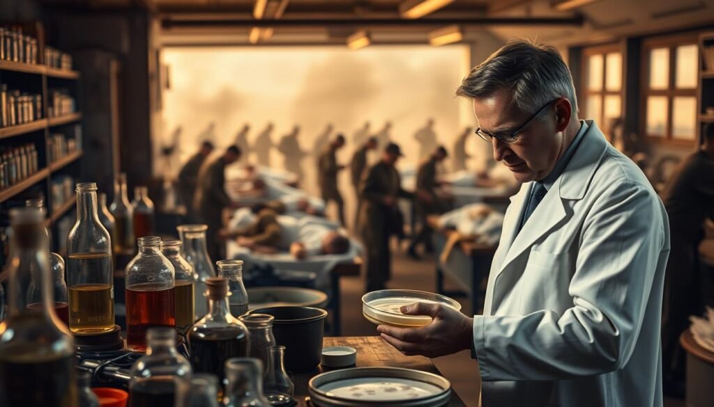 Uma cena da Segunda Guerra Mundial, representando a descoberta e o uso precoce da penicilina. Em primeiro plano, um espaço de trabalho de laboratório com copos, tubos de teste e instrumentos científicos. Um cientista de um casaco branco espia atentamente em uma placa de Petri, observando os efeitos de um composto antibiótico recém -descoberto. O meio termo mostra um movimentado hospital de campo militar, soldados feridos recebendo tratamento à medida que enfermeiros e médicos se movem com um senso de urgência. No fundo, as silhuetas borradas de soldados em combate, o caos da guerra contrastava com o potencial que salva a vida da nova droga maravilhosa. A iluminação quente e dourada lança um brilho esperançoso, sugerindo o profundo impacto que a penicilina teria no futuro da medicina. Uma cena da Segunda Guerra Mundial, representando a descoberta e o uso precoce da penicilina. Em primeiro plano, um espaço de trabalho de laboratório com copos, tubos de teste e instrumentos científicos. Um cientista de um casaco branco espia atentamente em uma placa de Petri, observando os efeitos de um composto antibiótico recém -descoberto. O meio termo mostra um movimentado hospital de campo militar, soldados feridos recebendo tratamento à medida que enfermeiros e médicos se movem com um senso de urgência. No fundo, as silhuetas borradas de soldados em combate, o caos da guerra contrastava com o potencial que salva a vida da nova droga maravilhosa. A iluminação quente e dourada lança um brilho esperançoso, sugerindo o profundo impacto que a penicilina teria no futuro da medicina.