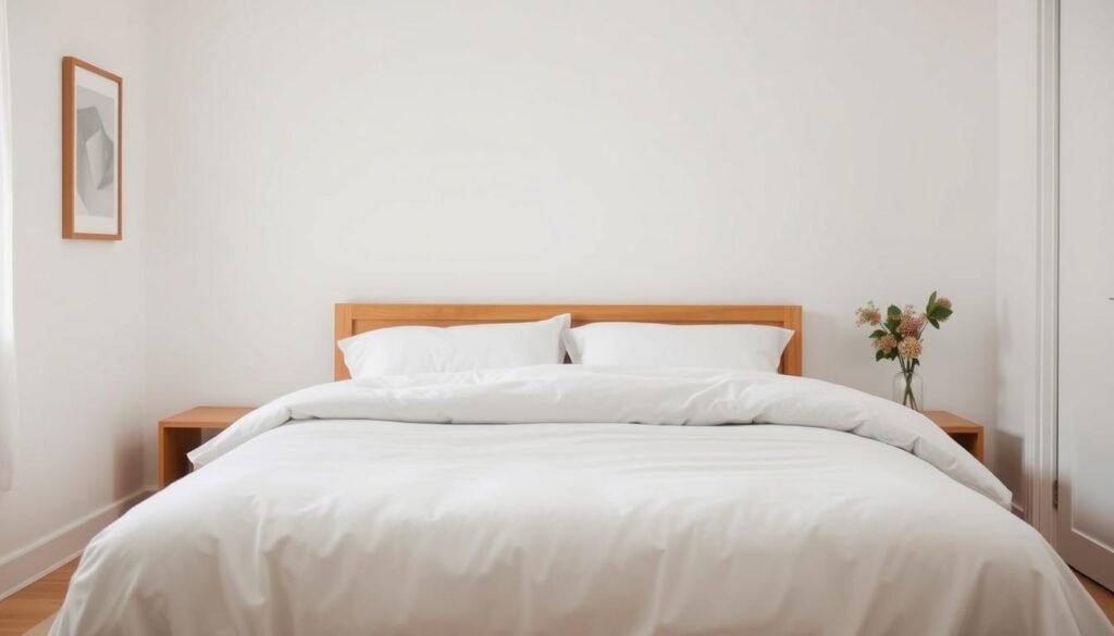 Uma cena de quarto aconchegante e minimalista, apresentando uma moldura simples, mas elegante, em tons de madeira quente. A cama é adornada com roupas de cama brancas, convidando os espectadores a imaginar um sono pacífico e restaurador de noite. A iluminação macia e difusa lança um brilho calmante, criando uma atmosfera de tranquilidade. A sala é escassamente decorada, com linhas limpas e cores neutras, permitindo que a cama ocupe o centro do palco como ponto focal. A perspectiva está inclinada para mostrar a forma convidativa da cama, incentivando o espectador a imaginar -se aninhado sob as cobertas, livres de distrações e pronto para cair em um sono repousante. Uma cena de quarto aconchegante e minimalista, apresentando uma moldura simples, mas elegante, em tons de madeira quente. A cama é adornada com roupas de cama brancas, convidando os espectadores a imaginar um sono pacífico e restaurador de noite. A iluminação macia e difusa lança um brilho calmante, criando uma atmosfera de tranquilidade. A sala é escassamente decorada, com linhas limpas e cores neutras, permitindo que a cama ocupe o centro do palco como ponto focal. A perspectiva está inclinada para mostrar a forma convidativa da cama, incentivando o espectador a imaginar -se aninhado sob as cobertas, livres de distrações e pronto para cair em um sono repousante.