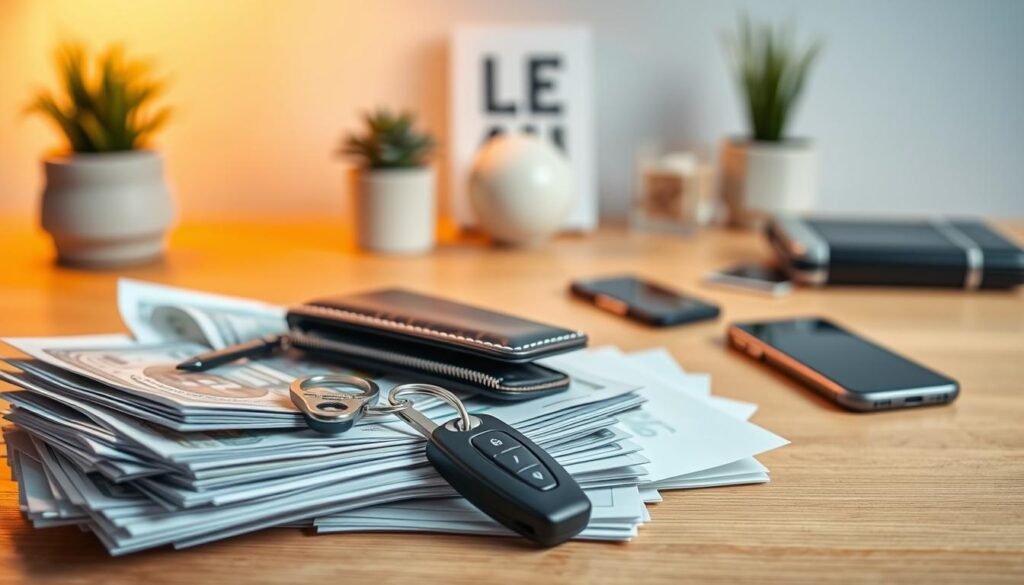 Uma cena vibrante de natureza morta capturando a essência de "Gastos Essenciais" (despesas essenciais). Em primeiro plano, uma coleção bem organizada de itens domésticos e necessidades de diários - uma pilha de contas, um conjunto de chaves de carro, uma carteira e um smartphone. O meio termo apresenta uma superfície limpa e moderna da mesa com decoração minimalista, transmitindo um senso de organização e responsabilidade financeira. O fundo é iluminado por iluminação suave e quente, criando uma atmosfera aconchegante e convidativa. A composição geral evoca um sentimento de orçamento cuidadoso, gerenciamento financeiro responsável e a importância de priorizar os custos essenciais de vida.