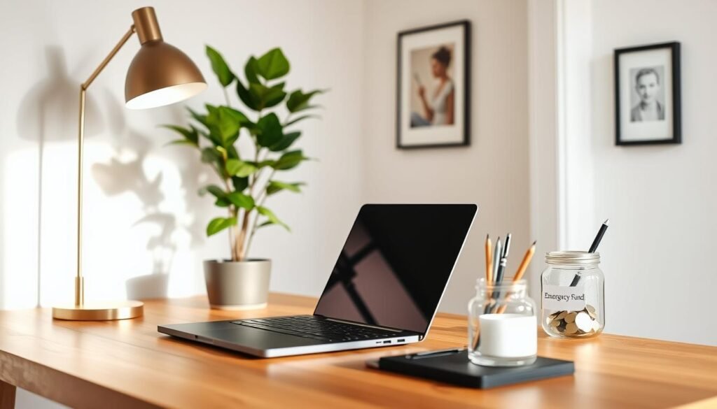 Uma configuração tranquila e bem organizada, com uma mesa de madeira, uma lâmpada moderna e uma planta em vasos. A mesa apresenta um laptop preto elegante, um porta -canetas e um pequeno frasco rotulado como "Reserva Emergência" em um estilo limpo e minimalista. A iluminação é macia e natural, lançando um brilho quente sobre a cena. O fundo apresenta uma parede simples e organizada com uma arte ou fotografia emoldurada, sugerindo o estilo pessoal do proprietário. A atmosfera geral transmite um senso de produtividade, responsabilidade financeira e uma abordagem equilibrada às finanças pessoais.