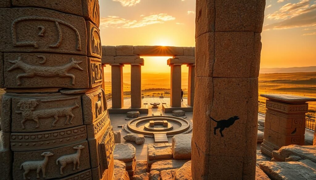 Uma enorme estrutura de pedra, a antiga Göbekli Tepe, fica alta contra um céu quente e dourado. Em primeiro plano, esculturas intrincadas de animais e motivos simbólicos adornam os pilares megalíticos, seus complexos detalhes capturados em alta resolução. O meio termo revela o layout estratégico do local, com círculos de pedra e caminhos cuidadosamente organizados que levam ao complexo. No fundo, as colinas e um horizonte distante sugerem a paisagem remota e indomável que cercava esse notável monumento. A cena é iluminada por uma iluminação suave e difusa, criando uma sensação de maravilha e reverência atemporal. A composição geral destaca o domínio técnico e o significado ritual deste sítio arqueológico seminal.