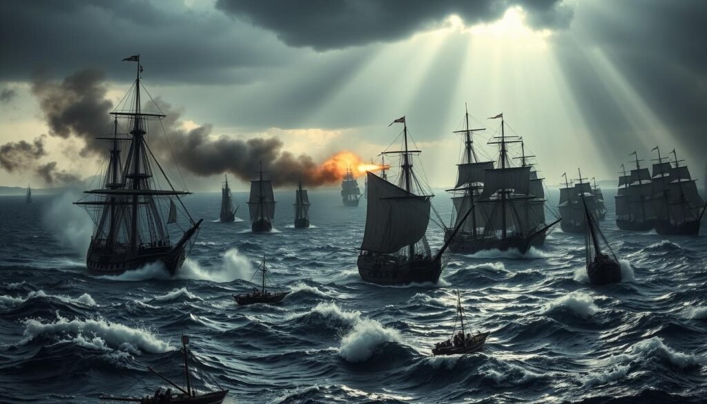 Uma épica batalha naval do século XVII entre a República Holandesa e as Ilhas de Scilly, com navios de guerra imponentes trocando fogo de canhão em meio a ondas agitadas e nuvens espessas de fumaça de pólvora. Em primeiro plano, um galeão de três mastros holandês surge para a frente, sua tripulação lutando para homem as armas. Na distância média, as saveiras menores da Scillonian disparam entre os vasos maiores. O horizonte é pontilhado com mais navios, suas velas subindo ao vento. A iluminação dramática do que o chiaroscuro lança sombras dramáticas, aumentando a intensidade do confronto. Um céu sombrio e nublado aparece acima, com eixos de luz solar perfurando através da melancolia, iluminando a cena de uma maneira quase cinematográfica. Uma épica batalha naval do século XVII entre a República Holandesa e as Ilhas de Scilly, com navios de guerra imponentes trocando fogo de canhão em meio a ondas agitadas e nuvens espessas de fumaça de pólvora. Em primeiro plano, um galeão de três mastros holandês surge para a frente, sua tripulação lutando para homem as armas. Na distância média, as saveiras menores da Scillonian disparam entre os vasos maiores. O horizonte é pontilhado com mais navios, suas velas subindo ao vento. A iluminação dramática do que o chiaroscuro lança sombras dramáticas, aumentando a intensidade do confronto. Um céu sombrio e nublado aparece acima, com eixos de luz solar perfurando através da melancolia, iluminando a cena de uma maneira quase cinematográfica.