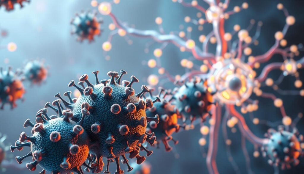 Uma ilustração 3D vibrante das células de memória do sistema imunológico humano, mostrando sua complexa estrutura e função. O primeiro plano mostra um agrupamento de células B e T de memória, suas superfícies adornadas com receptores complexos e vias de sinalização. No meio termo, uma rede dessas células interage, compartilhando informações e coordenando a resposta defensiva do corpo. O fundo possui uma paisagem etérea detalhada do sistema linfático, com vasos e linfonodos representados como nós brilhantes e interconectados. A iluminação é macia e difusa, criando uma sensação de profundidade e mistério, enquanto a paleta de cores é uma mistura harmoniosa de blues, verdes e metais sutis, evocando os mecanismos sofisticados do sistema imunológico.