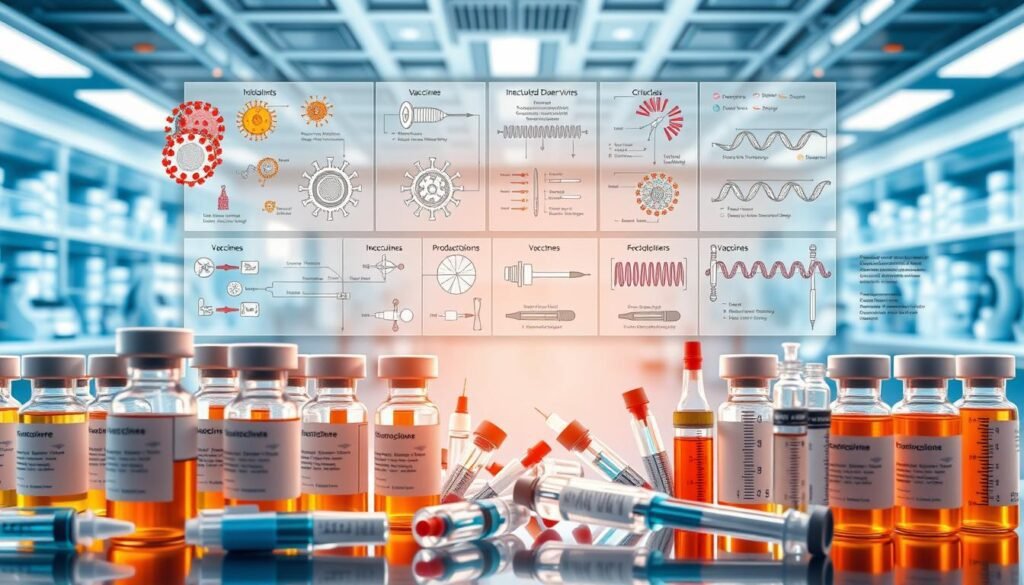 Uma ilustração detalhada de vários tipos de vacinas, capturada em uma renderização fotorrealista bem iluminada e de alta resolução. Em primeiro plano, uma coleção de frascos de vacinas, seringas e equipamentos médicos, mostrando as diversas vacinas das formas. No meio termo, diagramas esquemáticos e ilustrações técnicas retratam os processos internos de funcionamento e produção de diferentes tecnologias de vacinas, desde vírus tradicionais inativados até plataformas de mRNA de ponta. O pano de fundo possui um ambiente de laboratório limpo e estéril, com equipamentos científicos brilhantes, transmitindo a rigorosa pesquisa científica e desenvolvimento por trás da produção moderna de vacinas. A composição geral visa educar e informar, com um tom equilibrado e informativo que se alinha ao assunto do artigo.