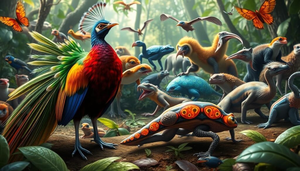 Uma ilustração digital de tirar o fôlego mostrando os "10 principais animais incríveis que você não acreditará existir". Capturado em um estilo vibrante e realista, a imagem apresenta uma variedade diversificada de criaturas surpreendentes, contra um cenário natural e exuberante. Em primeiro plano, um pássaro majestoso e colorido, semelhante a um pavão, com uma plumagem iridescente, ocupa o centro do palco, suas magníficas penas de cauda se abanando. No meio termo, um invertebrado bizarro e sobrenatural com padrões bioluminescentes intrincados rasteja ao longo do chão da floresta. O fundo é preenchido com uma variedade de animais únicos e cativantes, de um impressionante sapo de dardo venenoso azul e laranja a um mamífero peculiar e preso. A iluminação é macia e difusa, acentuando as texturas e detalhes naturais das criaturas. O humor geral é de admiração e fascínio, convidando o espectador a descobrir a incrível diversidade da vida em nosso planeta.
