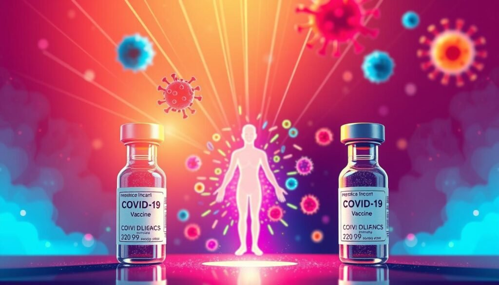 Uma ilustração dinâmica de vacinas covid-19, representando uma cena vibrante e detalhada. Em primeiro plano, um trio de frascos de vacinas permanece com destaque, seus rótulos claramente visíveis. Raios de luz cintilantes emanam dos frascos, simbolizando o poder protetor das vacinas. No meio termo, uma figura humana estilizada representa o sistema imunológico do corpo, com anticorpos coloridos e células imunes ao redor, prontas para neutralizar a ameaça. O fundo apresenta um cenário sutil e texturizado, sugerindo os complexos mecanismos científicos em ação. A composição geral transmite um senso de harmonia, inovação e o triunfo dos avanços médicos sobre a doença.