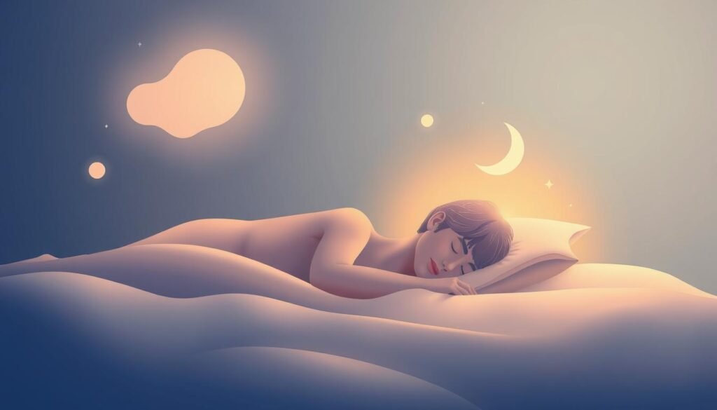 Uma ilustração serena e minimalista que descreve os ciclos de sono. Em primeiro plano, uma representação visual estilizada dos estágios não-REM e REM, representada como formas suavemente brilhantes e linhas fluidas. O meio termo apresenta uma figura adormecida, o rosto emoldurado em uma névoa tranquila e sonhadora. No fundo, um gradiente sutil de cores calmantes evoca a atmosfera suave de uma noite repousante. A composição é equilibrada, com foco na simplicidade e nos ritmos naturais do ciclo do sono. A iluminação suave e ambiente lança um brilho quente e contemplativo sobre toda a cena. Uma ilustração serena e minimalista que descreve os ciclos de sono. Em primeiro plano, uma representação visual estilizada dos estágios não-REM e REM, representada como formas suavemente brilhantes e linhas fluidas. O meio termo apresenta uma figura adormecida, o rosto emoldurado em uma névoa tranquila e sonhadora. No fundo, um gradiente sutil de cores calmantes evoca a atmosfera suave de uma noite repousante. A composição é equilibrada, com foco na simplicidade e nos ritmos naturais do ciclo do sono. A iluminação suave e ambiente lança um brilho quente e contemplativo sobre toda a cena.