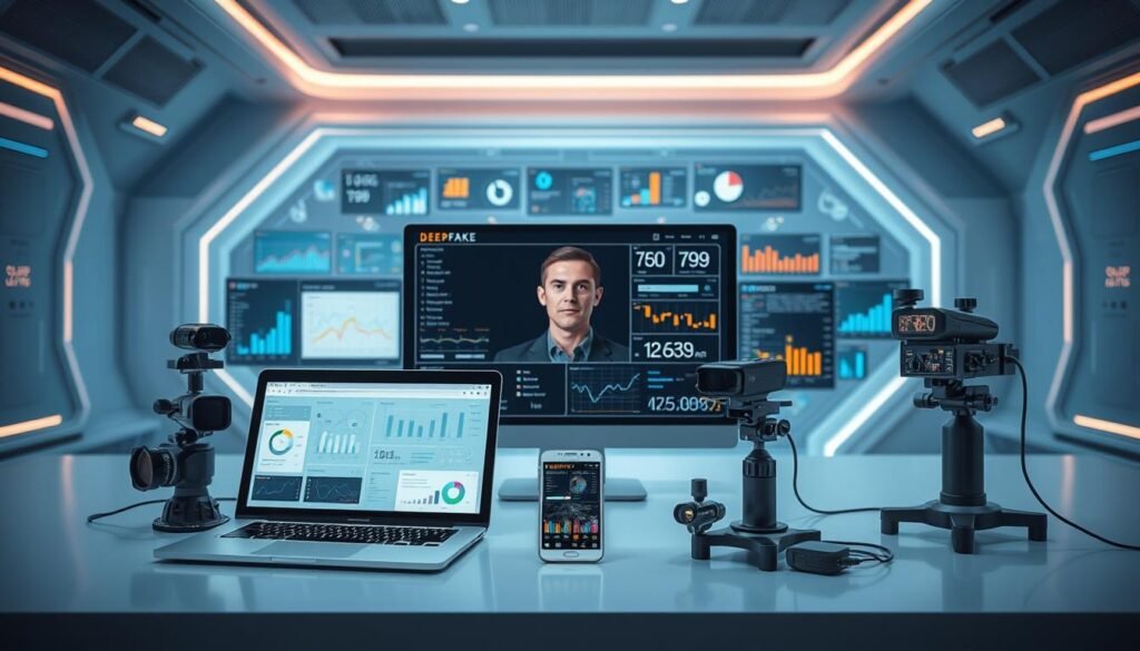 Uma imagem detalhada e de alta resolução mostrando uma variedade de ferramentas e software de detecção de DeepFake. Os proeminentes em primeiro plano são um laptop, smartphone e dispositivos de hardware especializados equipados com vários sensores e scanners. No meio termo, várias visualizações analíticas, gráficos e leituras de dados são exibidas nas interfaces da tela. O pano de fundo apresenta uma configuração futurista e inspirada em tecnologia, com elementos elegantes e minimalistas de design, iluminação sutil e um senso de sofisticação tecnológica. A cena geral transmite uma abordagem profissional de ponta para identificar e mitigar ameaças de profundidade. Uma imagem detalhada e de alta resolução mostrando uma variedade de ferramentas e software de detecção de DeepFake. Os proeminentes em primeiro plano são um laptop, smartphone e dispositivos de hardware especializados equipados com vários sensores e scanners. No meio termo, várias visualizações analíticas, gráficos e leituras de dados são exibidas nas interfaces da tela. O pano de fundo apresenta uma configuração futurista e inspirada em tecnologia, com elementos elegantes e minimalistas de design, iluminação sutil e um senso de sofisticação tecnológica. A cena geral transmite uma abordagem profissional de ponta para identificar e mitigar ameaças de profundidade.